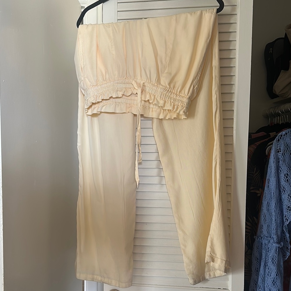 Cream Ruffled Wide-Leg Pants